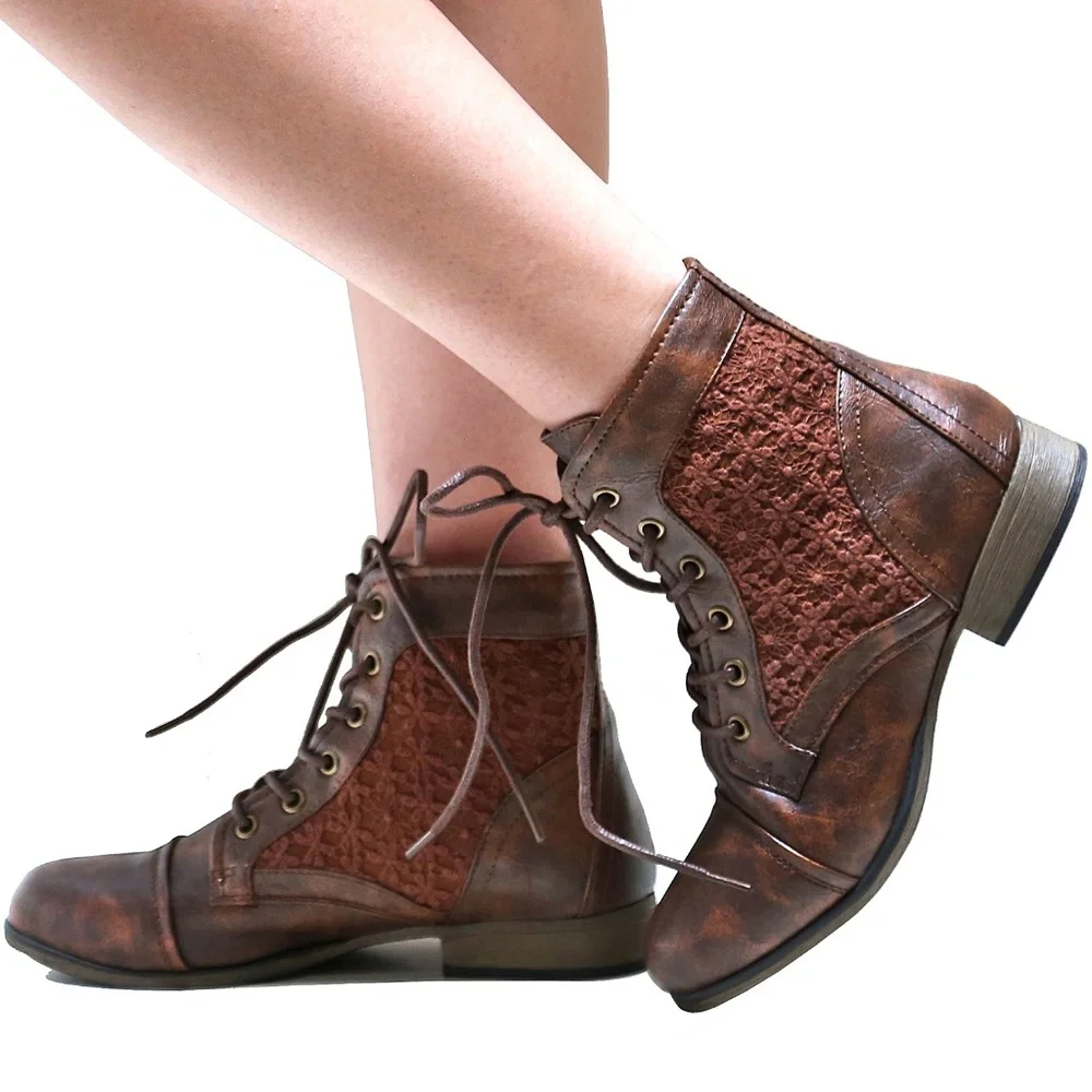 New Brown Lace Up Lace Panel Ankle Boots Booties